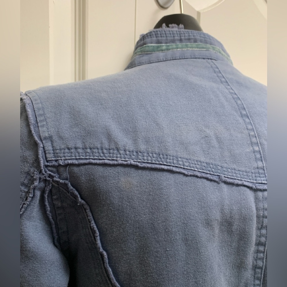 Denim Blue Size Small Lined Nikita Jacket Funnel Collar frayed hem Velour Piping - Picture 8 of 14